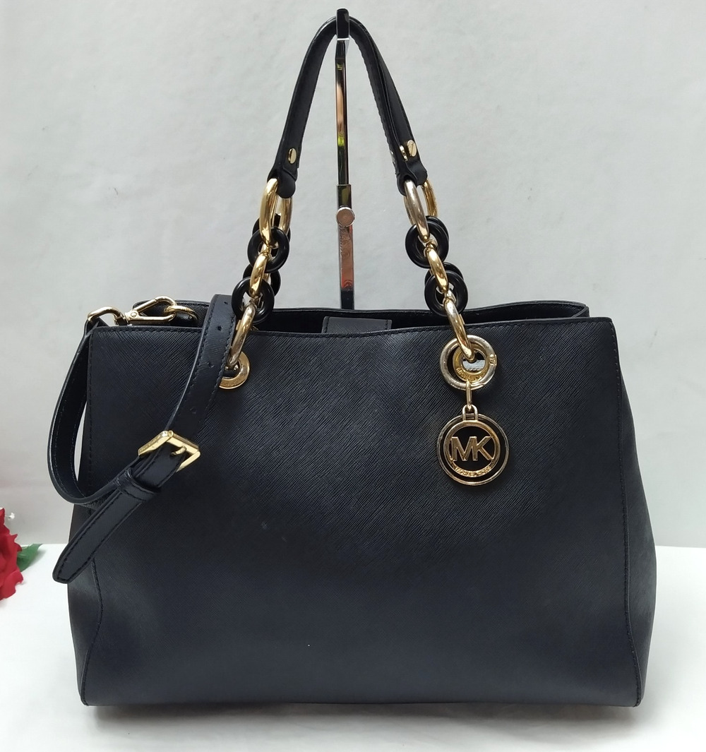 Michael Kors Cynthia Black Leather Chain Double Handles Satchel Bag